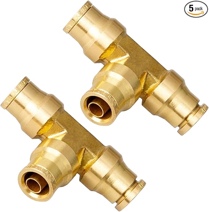 1/4" Brass Push to Connect Fittings Tee Union Dot Approved Air Brake Quick Connect Fittings Air Line Fittings Air Suspension Kit for Truck Trailers and Air Brake System 5Pcs