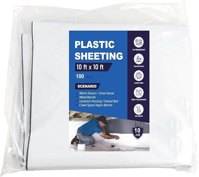 Crawl Space Vapor Barrier - 10 Mil Vapor Barrier - (10' x 10') - Tear Resistant, Heavy Duty Vapor Barrier, Drop Cloth Moisture Barrier Thick Plastic Sheeting Covering for Crawlspace Encapsulation