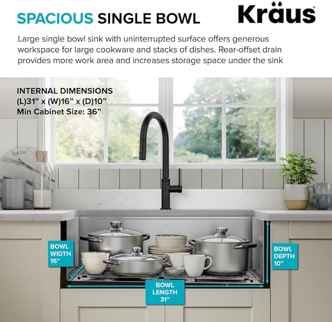 Kraus Kore 33-Inch Farmhouse Workstation with In Sink Dish Drying Rack, Stainless Steel Kitchen Sink, KWF410-33