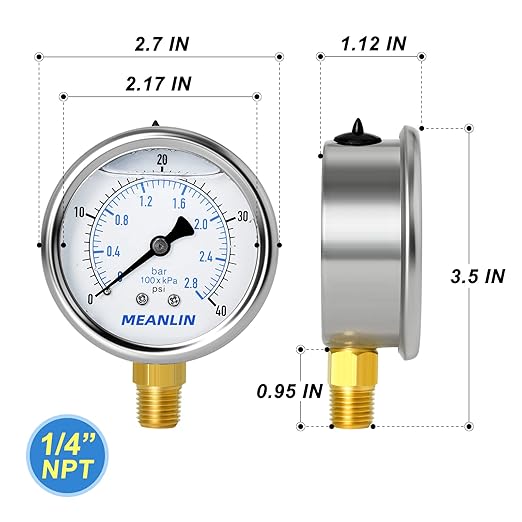 MEANLIN MEASURE 0~40Psi Stainless Steel 1/4" NPT 2.5" FACE DIAL Liquid Filled Pressure Gauge WOG Water Oil Air Lower Mount, with 1/2" NPT and 3/8" NPT Hex Bushing