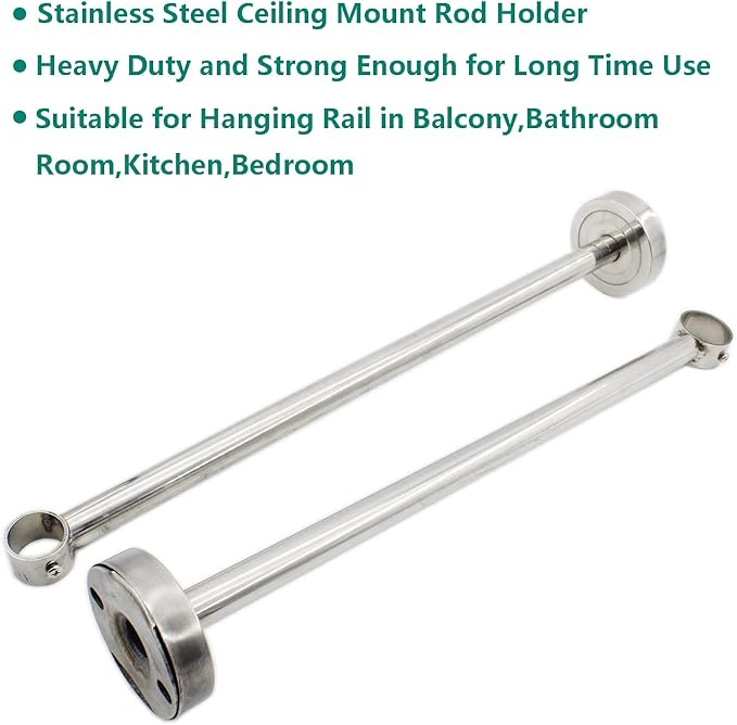 2 Pack Ceiling Mount Bracket, Stainless Steel Wardrobe Pipe Bracket Rod Holder Ceiling Holder, ULIFESTAR Shower Curtain Closet Wardrobe Rod Lever Support Holder Pipe Flange Socket (D*H)26*500mm/1*20''