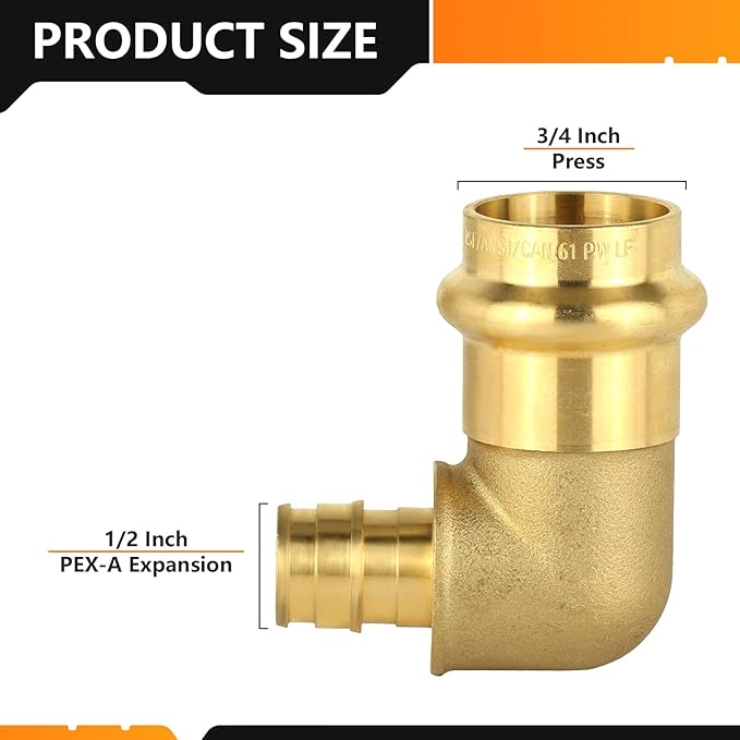 5-Pack HeSun Copper Press Fitting Elbow, 3/4" PRESS X 1/2" PEX-A F1960 Expansion Elbow, LF Brass