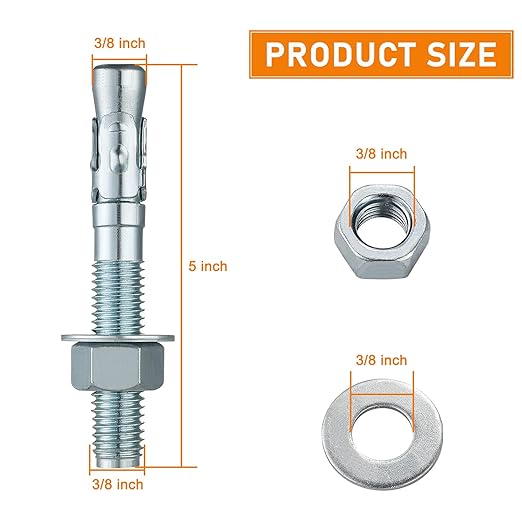 3/8 x 5 Inch 12 Pack Inch Standard Fasteners for Heavy Duty Zinc Wedge Anchors for Cement, Concrete, Brick & Masonry