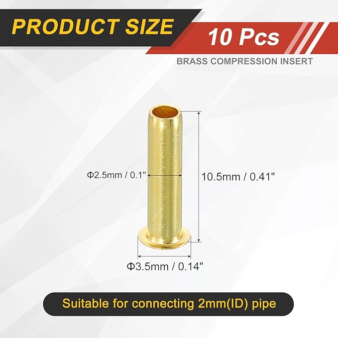 uxcell 10Pcs Fit for 2.5mm(1/8") Tube ID Brass Compression Fitting, Insert Tube Support Compression Sleeve Fittings, Sleeve Ferrules for Water Oil Air Pipe