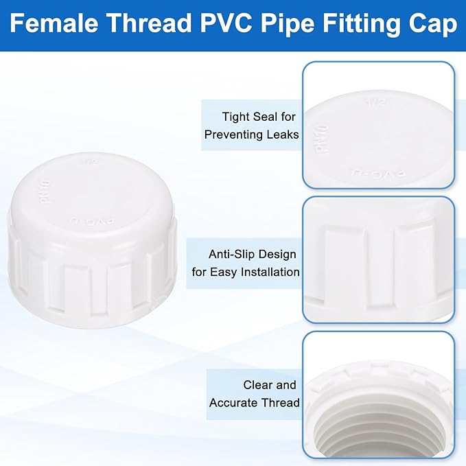 uxcell 5Pcs 1/2 Inch PT Female Thread PVC Pipe Fitting Cap, Cleanout Water Drain End Caps, Pipe Plug Socket Fittings with Gasket for Water Heater Supply Lines, Plumbing, White