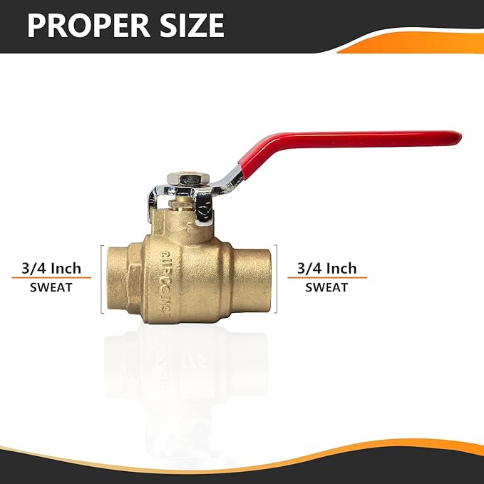 2-Pack HeSun 3/4 Inch Sweat Ball Valve, Brass Full Port Shut-off Valve,3/4" SWT x 3/4" SWT, 600 WOG (Water, Oil and Gas),Red(VALVE047-2)