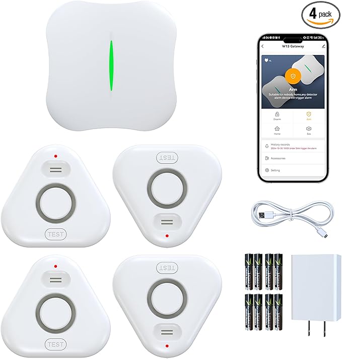 Smart Water Leak Detectors for Home WiFi with App Alerts, Stechro Ajustable 120dB Water Sensor Alarm Leak Detector for Basements Sink Kitchen Laundry, 4 Water Sensors & 1 Gateway
