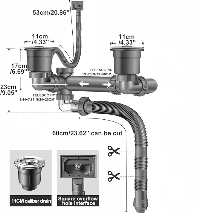 Double Sink Drain Kit Space Saving Kitchen Sink Drain Kit Expandable Flexible 1 1/2" P-Trap Pipe 3-1/2 Inch Sink Drain Assembly Kit with 4-Way Fitting Adapter for Dishwasher