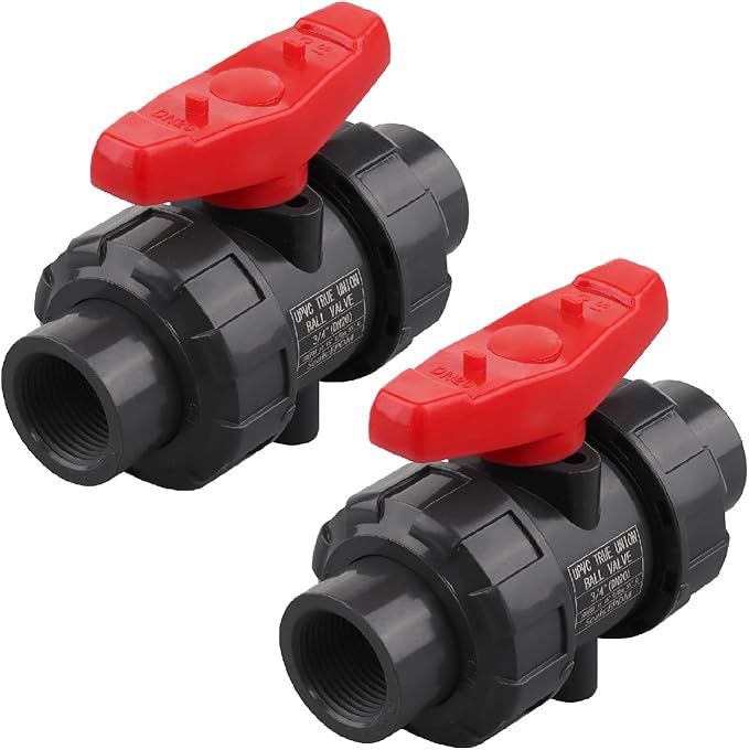DERNORD 2 Pack PVC True Union Ball Valve NPT Threaded with Full Port, EPDM O-Rings, and Reversible PTFE Seats, Rated at 200 PSI (3/4 Inch NPT Threaded)