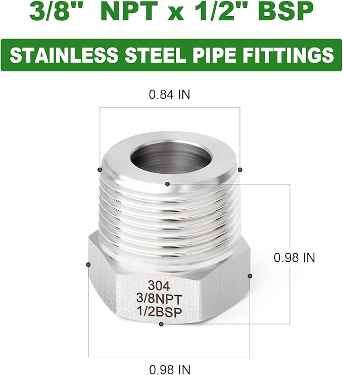 TAISHER 2PCS Forging of 304 Stainless Steel Reducer Hex Bushing, 1/2" BSP Male x 3/8" NPT Female, Reducing Forging Pipe Adapter Fitting
