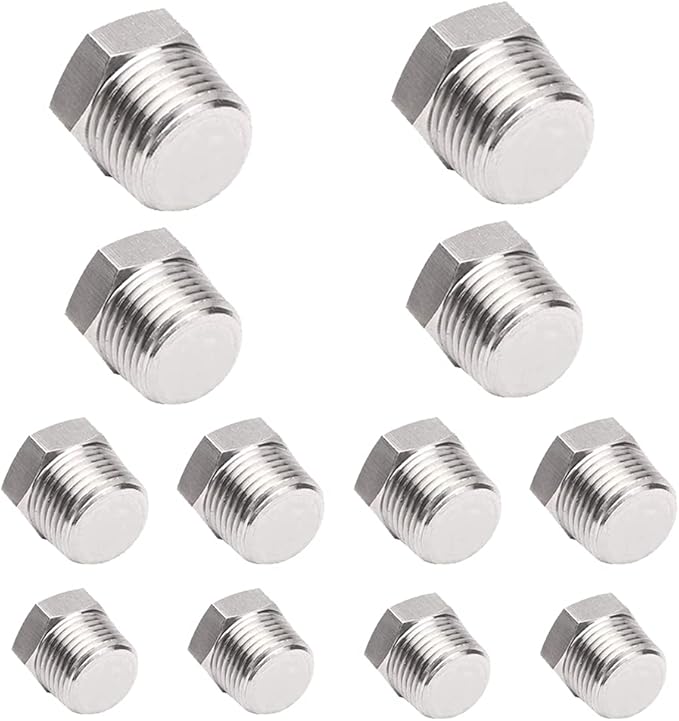 Joywayus 12PCS Stainless Steel Male Thread Outer Hex Head Pipe Plug Fittings 1/2" NPTx2+3/8"NPTx2+1/4"NPTx4+1/8"NPTx4