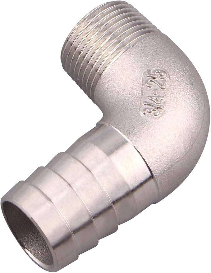 DERNORD 1" Hose Barb x 3/4" Male NPT Stainless Steel 90 Degree Elbow- Home Brew Pipe Fitting