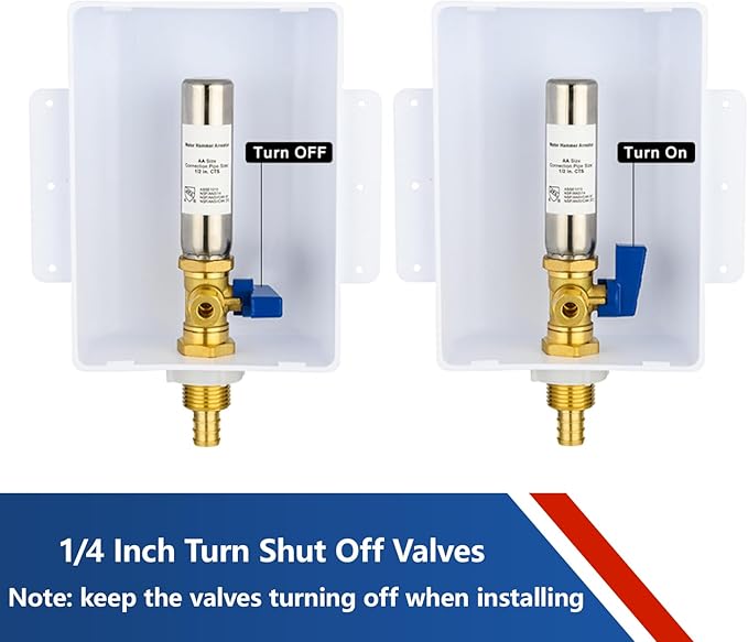 Ice Maker Outlet Box with Stainless Steel Water Hammer Arrestor,1/2 Inch Crimp PEX F1807 Inlet and 1/4 Inch OD Compression Outlet Connection, Icemaker Box with Installed 1/4-Turn Ball Valve