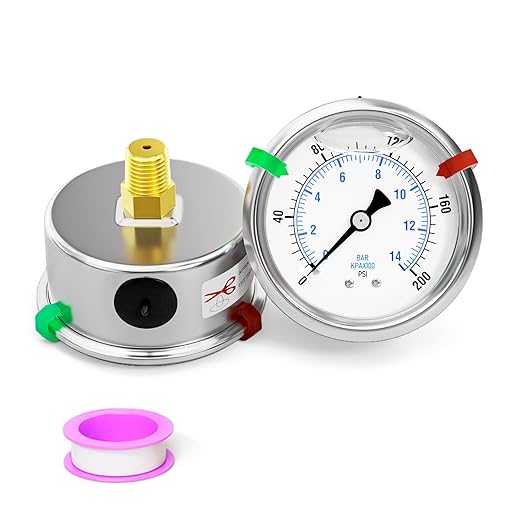 0-200psi Stainless Steel Glycerin Liquid Filled Pressure Gauge 1/4" NPT 2.5" Face Dial Center Back Mount, for Water, Oil and Air Pressure Testing (with Range Mark Pointer)