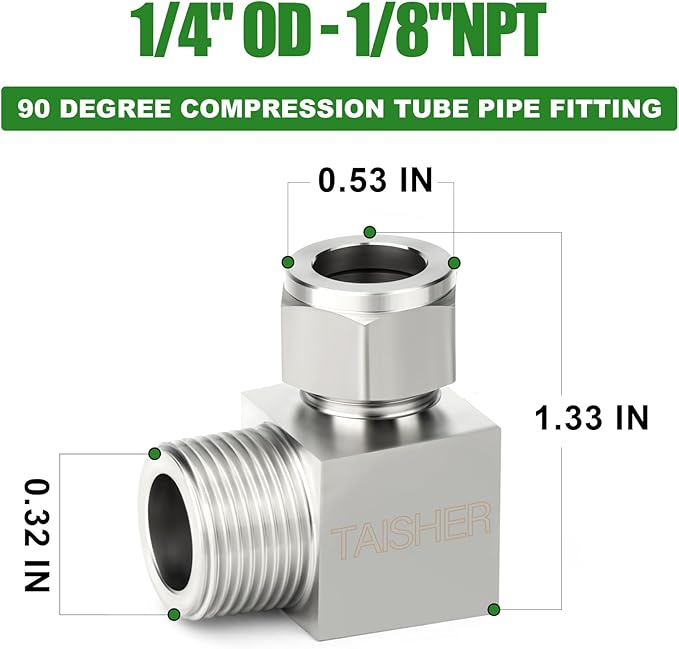 TAISHER 2PCS 304 Stainless Steel Square 90 Degree Compression Tube Pipe Fitting Connector, 1/4" Tube OD x 1/8" NPT Male Adapter
