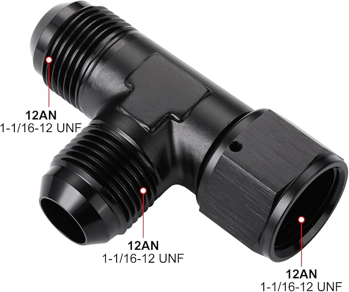 12AN Male Flare Tee T Fitting Adapter with AN12 Female Swivel On Run Aluminum Black