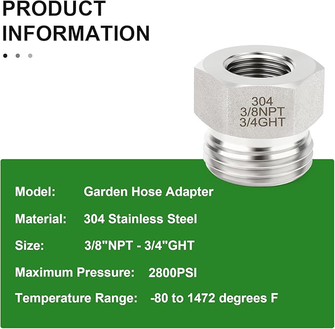TAISHER 2PCS 304 Stainless Steel Garden Hose Adapter, Hex Bushing 3/4" GHT Male x 3/8" NPT Female Garden Hose Connector