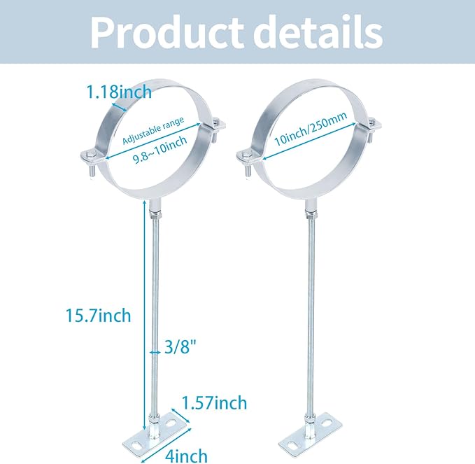 2PCS 10"Chimney Pipe Bracket,Wall Support Chimney Pipe Holder，Stove Pipe Hanger，B Vent Wall Strap，Rigid Split Ring Hanger,for 8" (10" O.D.) Double Wall Insulated Chimney Pipe，Lengthened 16-inch Screw