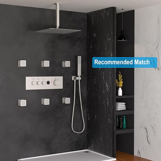 Enga 3-Function Shower Mixing Valve, Temperature Display Push-Button Thermostatic Valve with Flow Volume Control, Brushed Nickel
