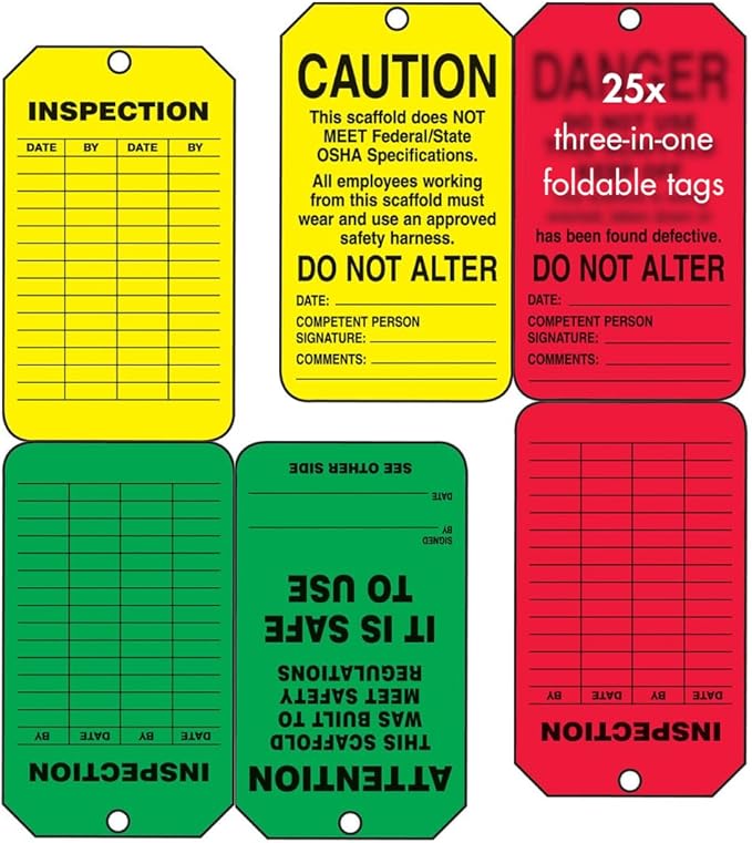 AccuformNMC Danger/Caution/Attention, Pack of 25 PF-Cardstock Scaffold Status Tag, Legend, 5.75" x 3.25", Black on Green/Yellow/Red, TSS200CTP, American Made Safety Tags, Signs, and Labels