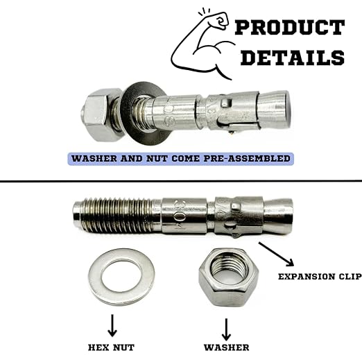 Wedge Anchors – Heavy-Duty 304 Stainless Steel Expansion Bolts for Concrete & Masonry, Rust-Resistant & Durable - 3/4" X 4-1/2" - 5 Pack