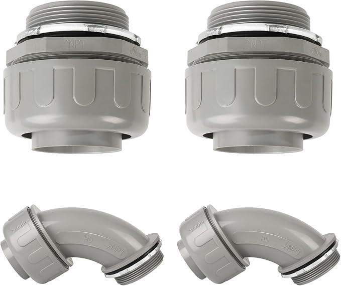 Conduit Connectors, 2 Inch Liquid Tight Connector NPT Non-Metallic for PVC Electrical Flexible Conduit Fittings, 2 Straight and 2 Angle 90 Degree, UL Listed, Grey (4-Pack)