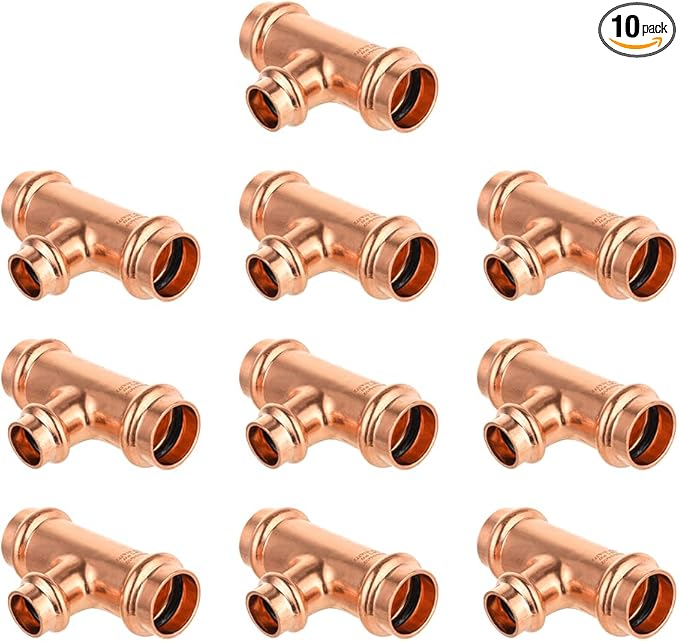 (Pack of 10) EFIELD 3/4" x 3/4" x 1/2" Copper Press Fit Tee For Copper Tube Connection, LBP Design, Heavy Copper Structure,(PRESS018)