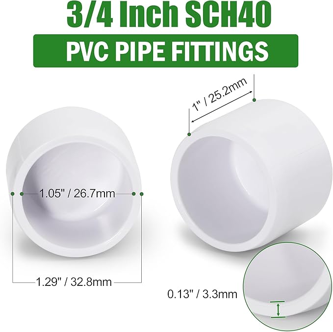 SCH40 PVC Cap 3/4 Inch - Fit Standard 3/4" SCH40 PVC Pipes (OD Approx. 1.05"), Zernmiarder Furniture Grade Pipe Caps, White Pipe Cover Fittings for Plumbing, DIY, Garden & Furniture - 12 Pcs