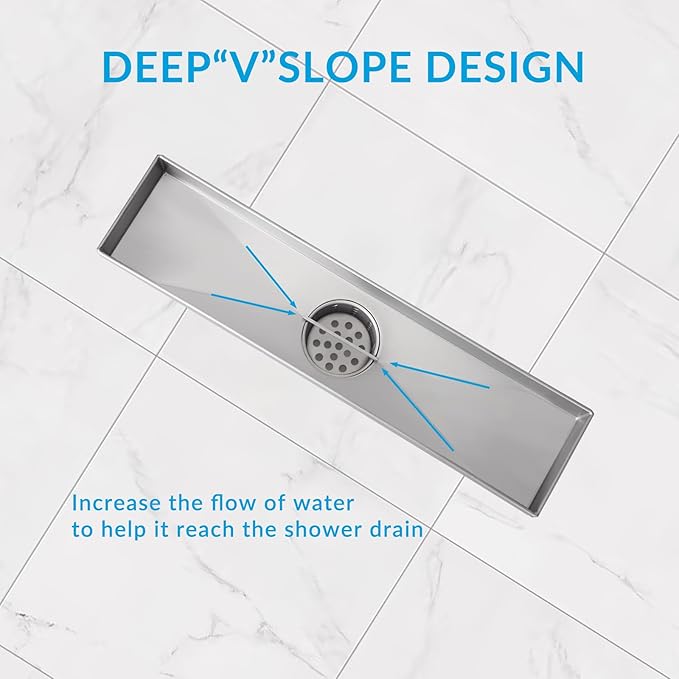 24 Inch Removable Cover Linear Shower Drain 304 Stainless Steel Rectangular Floor Drain for Kitchen Bathroom Square Hole Pattern Drain with Accessories Hair Strainer Adjustable Leveling Feet (Silver)