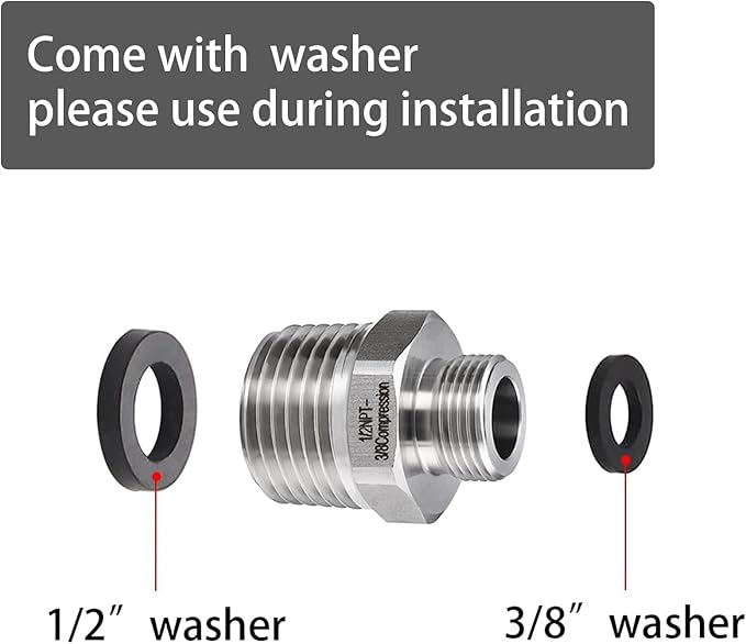 1/2 to 3/8 RV Faucet Adapter, 304 Stainless Steel 3/8 Male to 1/2 Male Compression Reducer Fittings, Water Line Supply Adapter for RV Kitchen, Water Hose Pipe Connector with Rubber Washer(2 Pack)