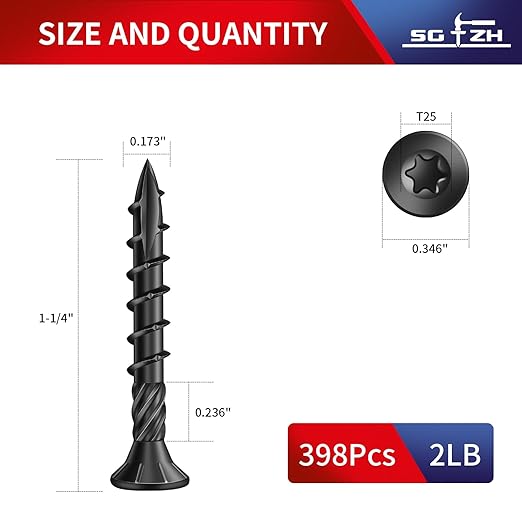 #8 x 1-1/4" Deck Screws (398Pcs) 2lb. Carbon Steel, Black, Flat Head, Rust Resistant epoxy Coated, with T25 Star Bit