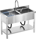 47Inch Stainless Steel Utility Sink with Pull-out Faucet, Free Standing Double Bowl Kitchen Sink for Restaurant, Garage, Shop, Cafe, Outdoor