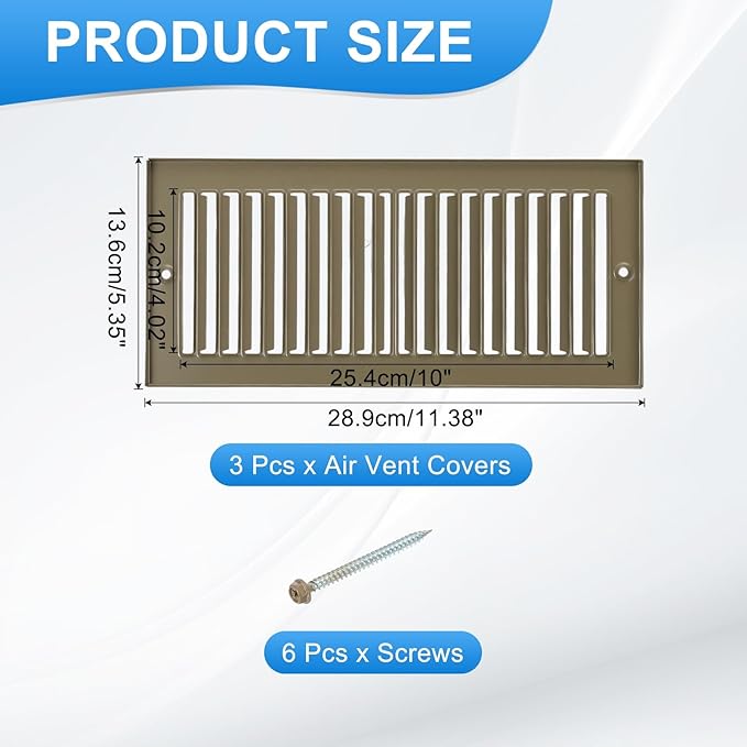 PATIKIL 4" x 10" Duct Opening Vent Cover, 3 Pcs Toe Kick Vent Cover HVAC Toe Space Register Grille Return Air Grilles for Home Ceiling Wall Floor, Brown-Outer Size: 5.4" x 11.4"