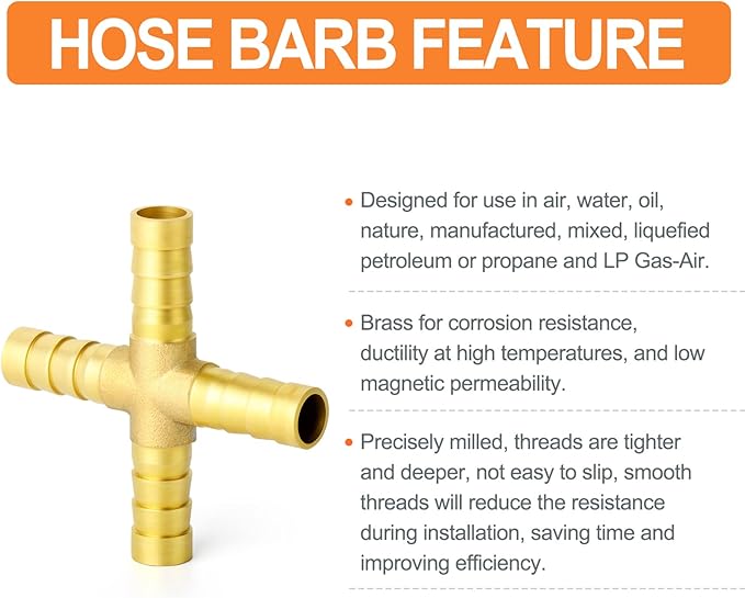 GASHER 5PCS 5/16" Brass Hose Barb, 4-Way Hose Fitting with 20 Hose Clamp Intersection/Lquid/Fuel/Air