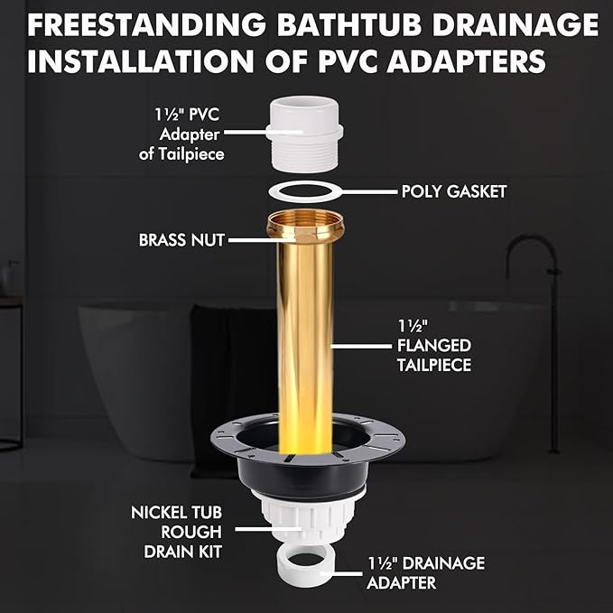 Freestanding Tub Drain Rough-in Kit, Bathtub Drain Kit with PVC Plastic Adapter and Brass Tail Pipes, Compatible for Freestanding Bathtub, Floor Mounted, Copper Bathtub, Black