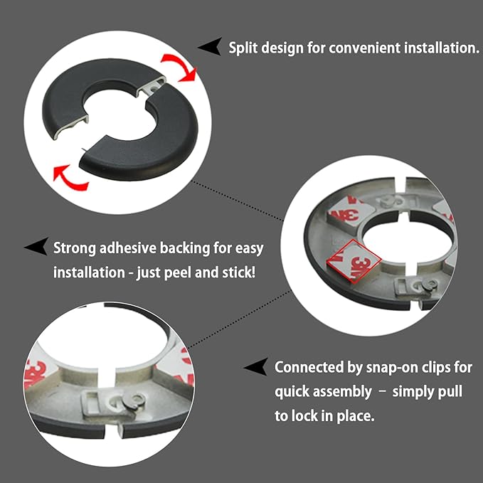 Wall Split Flange 1 Piece, Pipe Cover Decoration Fit 0.87 inch Outer Diameter Pipe, ABS Round Self-Adhesive Escutcheon Plate, Buckles Design Split Plumbing Cover Plates, Black (22mm)