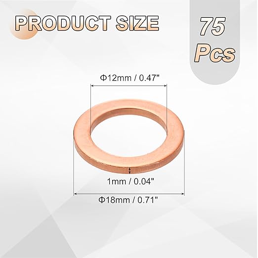 uxcell 75Pcs M12 Flat Washer Copper Washer Sealing Rings, 12mm ID 18mm OD 1.5mm Thickness Copper Crush Washers Metric Sealing Gasket for Plumbing Machinery Automotive