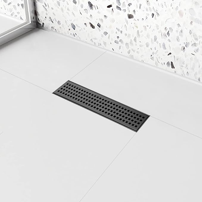 Linear Shower Drain, 12 inch Black Drain with Removable Grate Cover, Brushed 304 Stainless Steel Shower Floor Drain, Linear Drain with Hair Strainer and Adjustable Feet