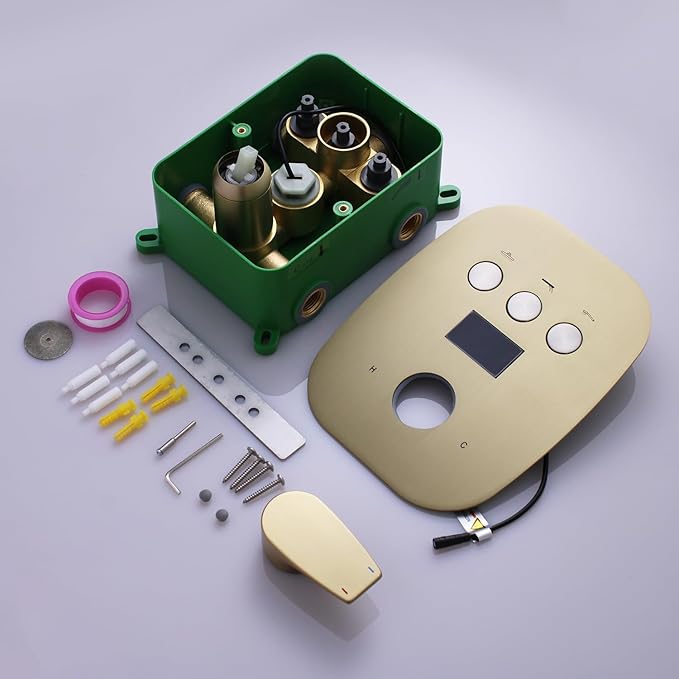 3 Way Shower Diverter Valve Push-Button Temperature Display Modern Bathroom Concealed Faucet Valve Rough-In Mixing Shower Valve Kit Replacement Can Work At The Same Time, Brushed Gold