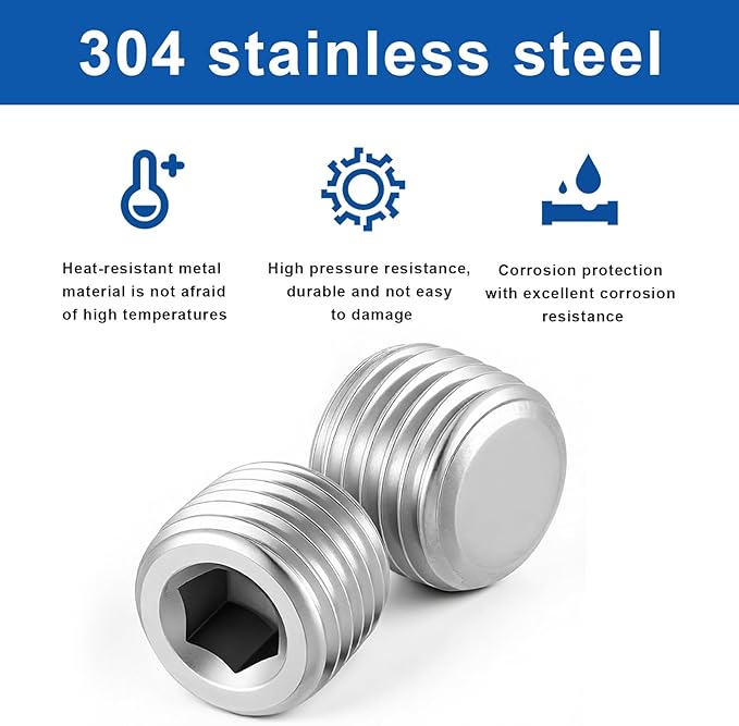 8 Pcs Stainless Steel Pipe Fitting Kit 1/4" NPT Hexagonal Countersunk Male Thread Pipe Plug Hex Countersunk Plug Assortment Set NPT Male Thread for Sealing Pipes Port
