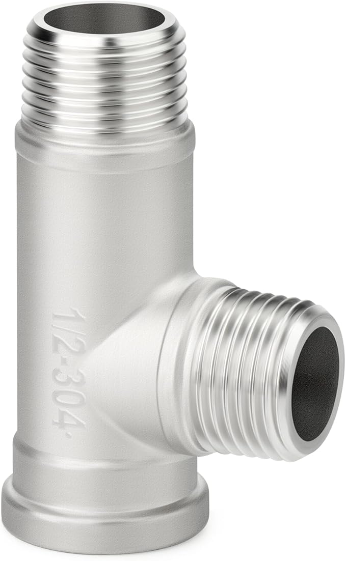 TAISHER 5PCS 304 Stainless Steel Tee Pipe Fittings, 1/2" NPT Female x 1/2" NPT Male x 1/2" NPT Male Extension Pipe Fittings, Female Run Tee