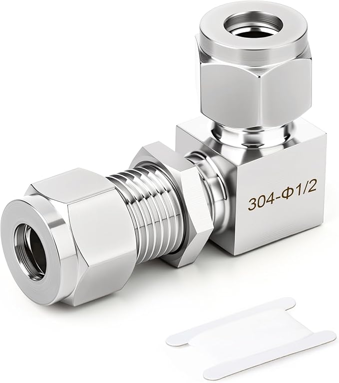 TAISHER 1PCS 304 Stainless Steel 90 Degree Thru-Bulk Bulkhead Compression Tube Pipe Fitting Connector, 1/2" Tube OD x 1/2" Tube OD Straight Adapter