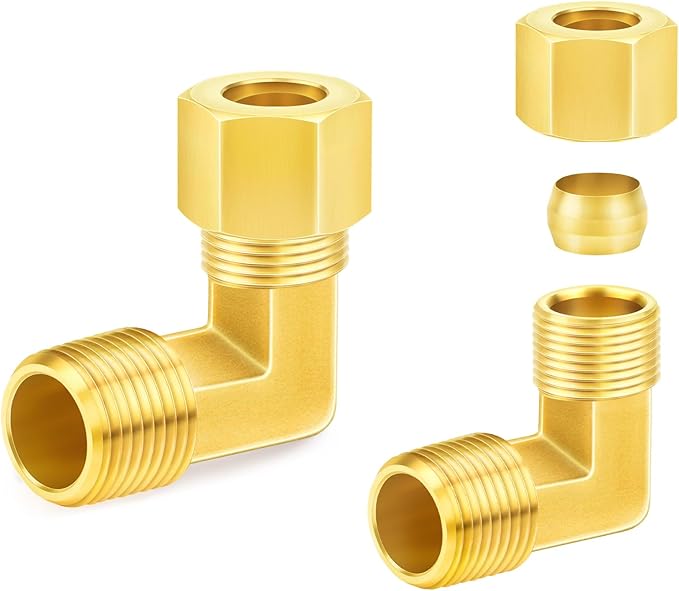 ChillWaves Brass Compression Tube Fitting, 3/8" OD x 1/2" NPT Male 90 Degree Elbow Compression Union Connector(2-PACK)