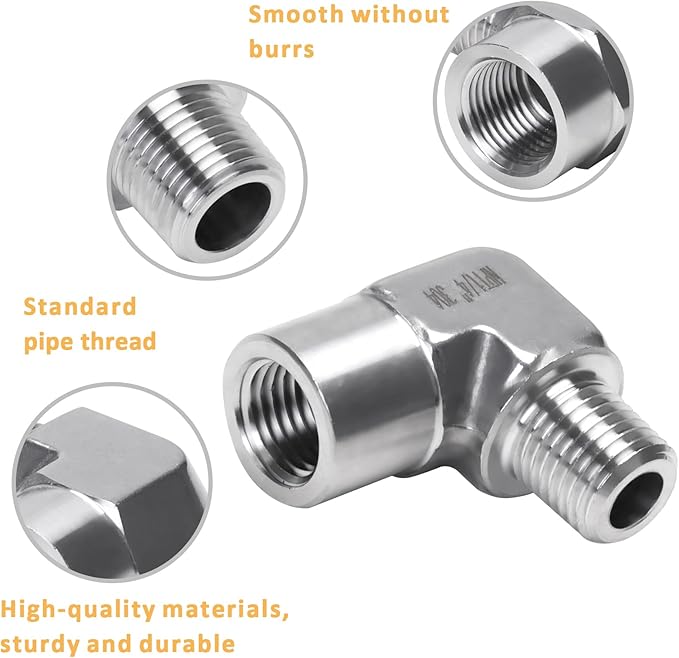90 Degree Street Elbow - 1/4" NPT Male to 1/4" NPT Female Stainless Steel 304 Heavy Duty Forged Barstock Street Elbow Adapter Pipe Fitting (pack of 5)