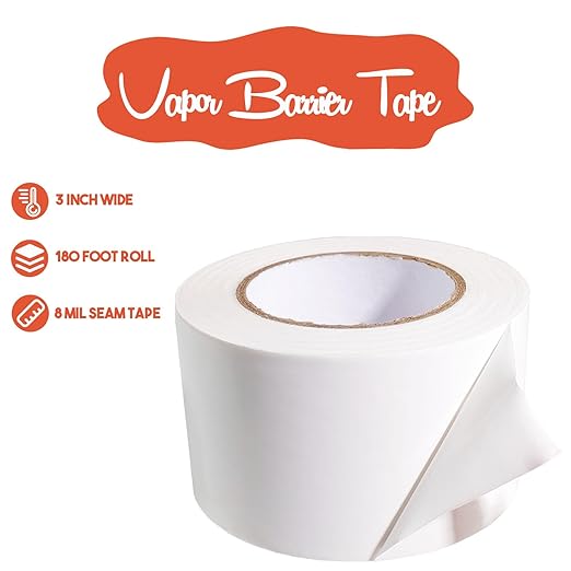 White Vapor Barrier Tape, 3 Inch x 180 Feet Moisture Barrier Seal Tape for Crawlspaces, Insulation Repairs, Underlayment Seams