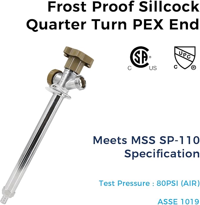 8-inch Anti-Siphon Frost Free Sillcock, Quater Turn 3/4-Inch Hose Bibb x 1/2-Inch PEX End,No Lead Brass Valve Frost Proof Outdoor Faucet Spigot