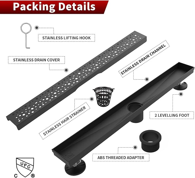 Sharp-tec Shower Drain, 32 inch Linear Shower Drain, Matte Black 304 Stainless Steel Rectangular Shower Floor Drain with Adjustable Leveling Feet, Hair Strainer, cUPC Certified, ST-099-32B