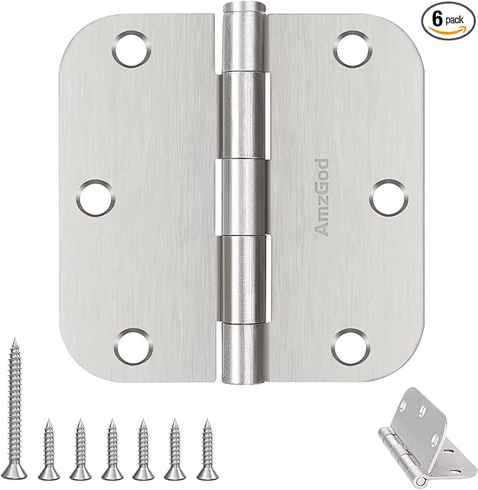 Door Hinges Brushed Nickel - 6 Pack Satin Nickel 3.5 Inch Rounded Interior Door Hinges with 5/8" Radius - 3 1/2 Inches Silver Residential Standard Door Hardware