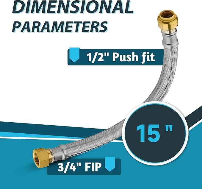 (2 Pack) Seelink 15-Inch Stainless Steel Flexible Water Heater Hose, 1/2" Push-Fit x 3/4" FIP, Push-to-Connect for Copper, PEX, and CPVC