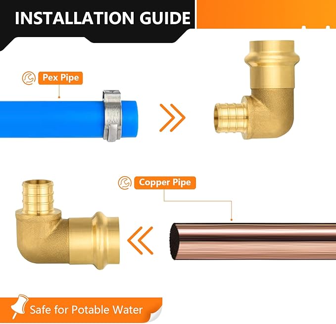 5-Pack HeSun Copper Press Fitting Elbow, 3/4" PRESS X 3/4" PEX F1807 Crimp Elbow, LF Brass